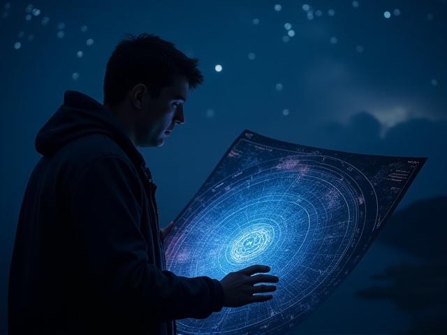 Astrologe deutet Horoskopkarte unter dem Sternenhimmel